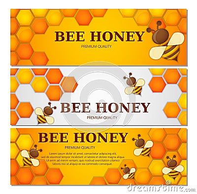 Honey label premium quality title. Paper cut style bee with honeycombs and Bee. Template design for banner Cartoon Illustration